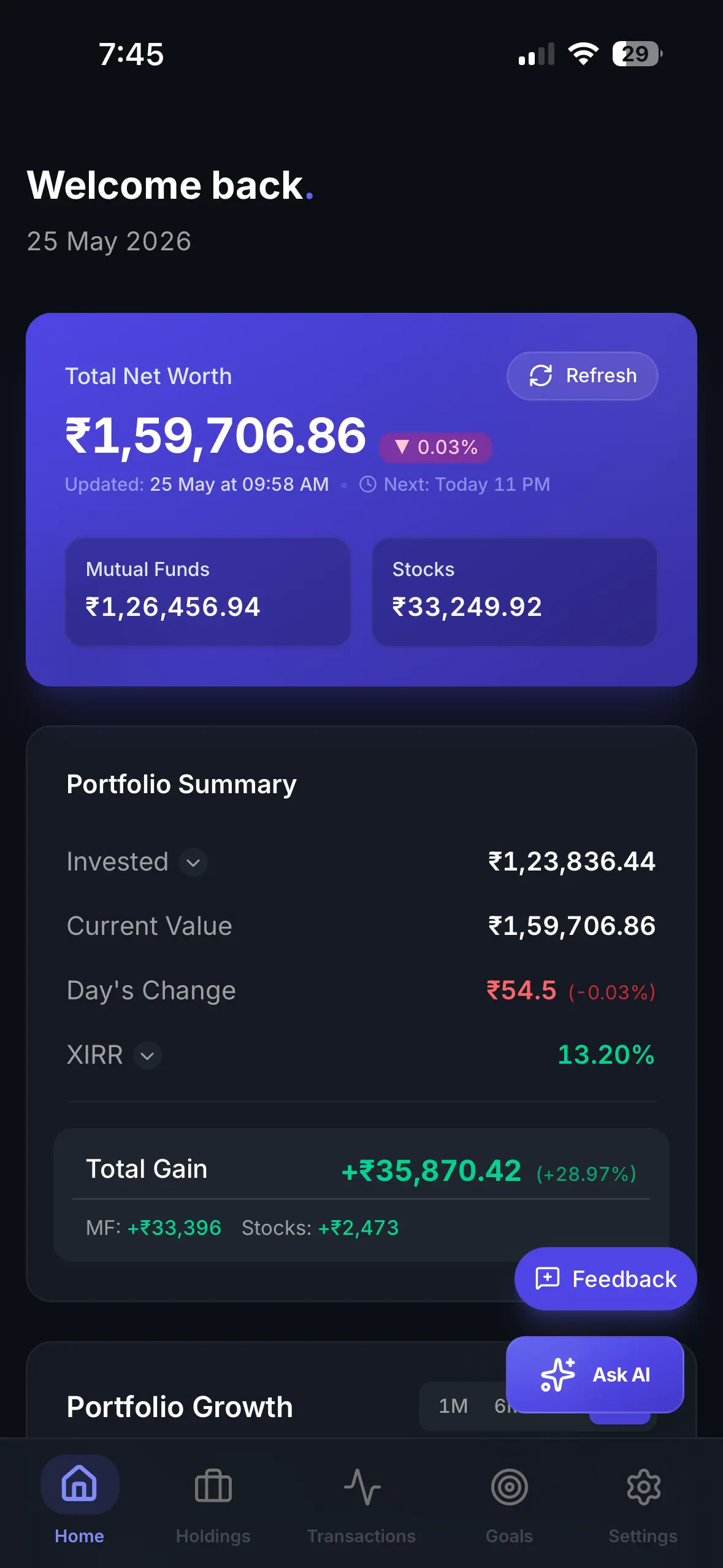 Arthavi mobile dashboard showing portfolio value, gains, and allocation