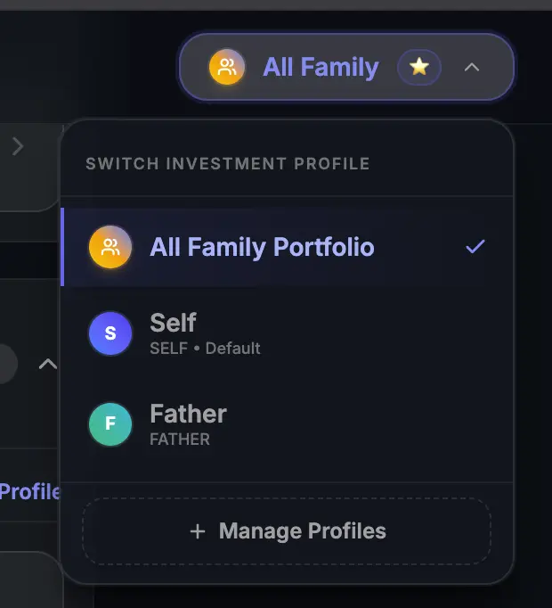 Premium glassmorphic profile switcher in Arthavi showing linear gradients for relationships